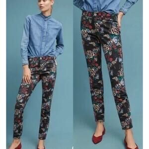 Anthropologie Pilcro Dark Black Floral Print Mid Rise Skinny Jean Pants Black 25